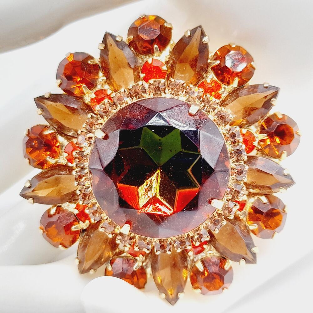 Vintage Amber Rhinestone Brooch, Autumn Colors, Gold Plated, 1950s